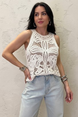 top bez rukava s cvjetnim pletivom u boho stilu VAMZERA ECRU