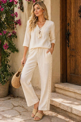 laneni ženski set hlača i bluze u boho stilu LENIA