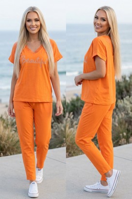ženski komplet s bluzom s čipkastim V-izrezom i hlačama SOLARENIA ORANGE