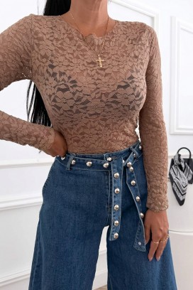 ženska čipkasta bluza s dugim rukavima i cvjetnim printom VARINIA MOCHA