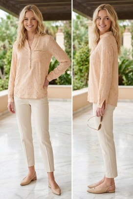 elegantna ženska bluza s dugim rukavima i dekorativnim uzorkom BELANISIA BEIGE