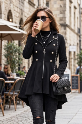 Women's Long-sleeved, Front-zip And Button-down, Short Front, Long Back Modal Jacket.