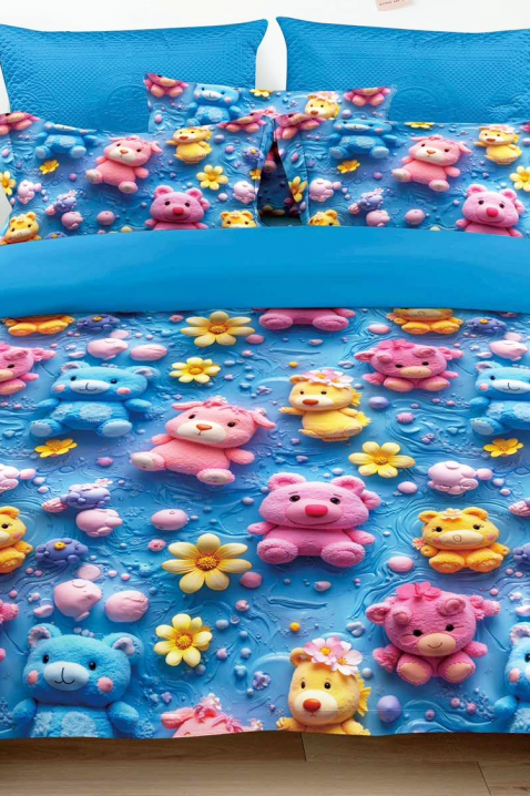 Komplet posteljina FLOWERS BEAR 160x200 cm pamuk - 3 dijela, Boja: plava, IVET.HR - MODERNA ODJEĆA