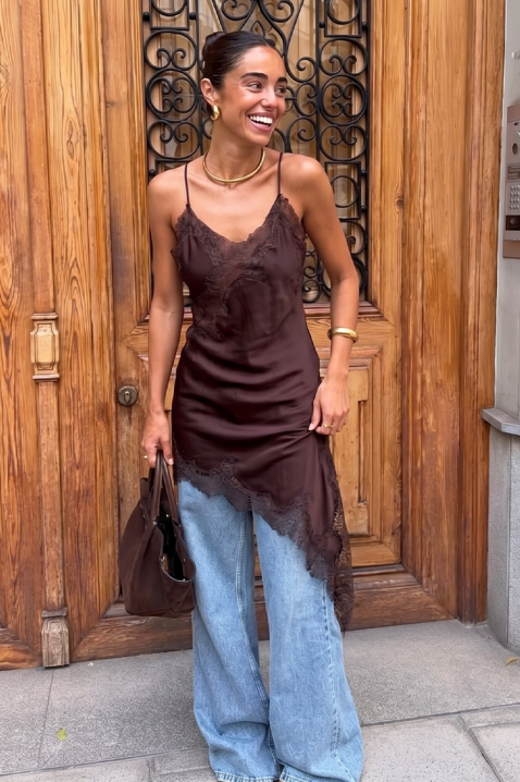 Asimetrična nježna tunika s čipkom i prorezom VELIMIRA BROWN, Boja: smeđa, IVET.HR - MODERNA ODJEĆA