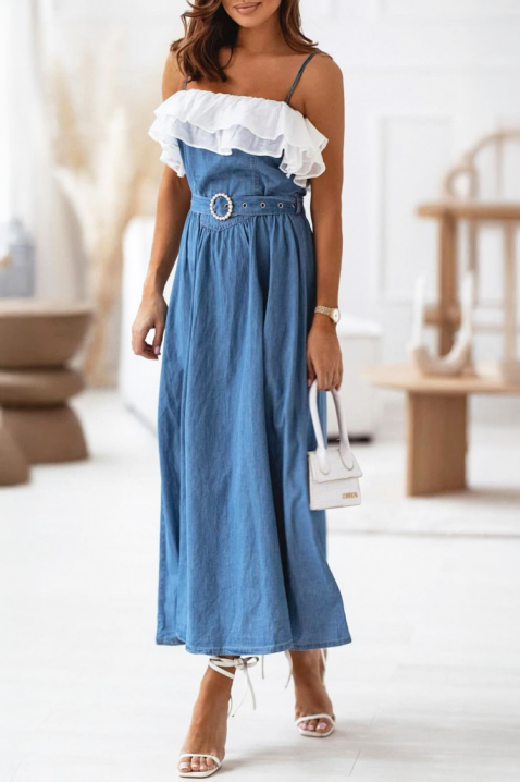 Elegantna duga haljina s volanima, ukrasnim remenom i modernim dizajnom TOMINZA, Boja: plava, IVET.HR - MODERNA ODJEĆA