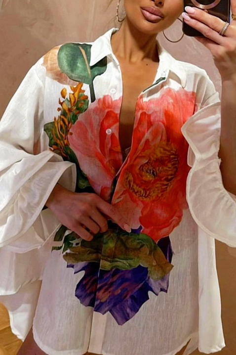 Elegantna asimetrična ženska košulja sa spektakularnim cvjetnim printom EVGENITA, Boja: bijela, IVET.HR - MODERNA ODJEĆA