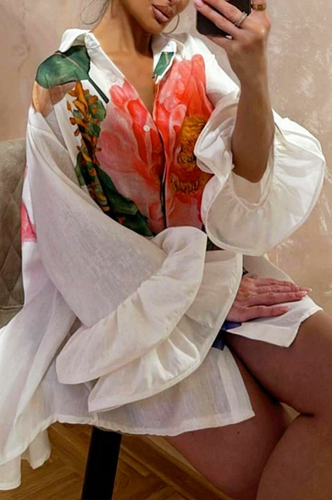 Elegantna asimetrična ženska košulja sa spektakularnim cvjetnim printom EVGENITA, Boja: bijela, IVET.HR - MODERNA ODJEĆA