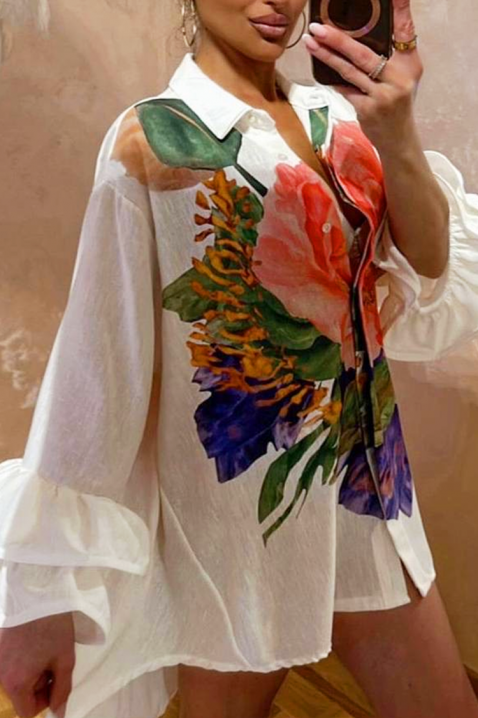 Elegantna asimetrična ženska košulja sa spektakularnim cvjetnim printom EVGENITA, Boja: bijela, IVET.HR - MODERNA ODJEĆA