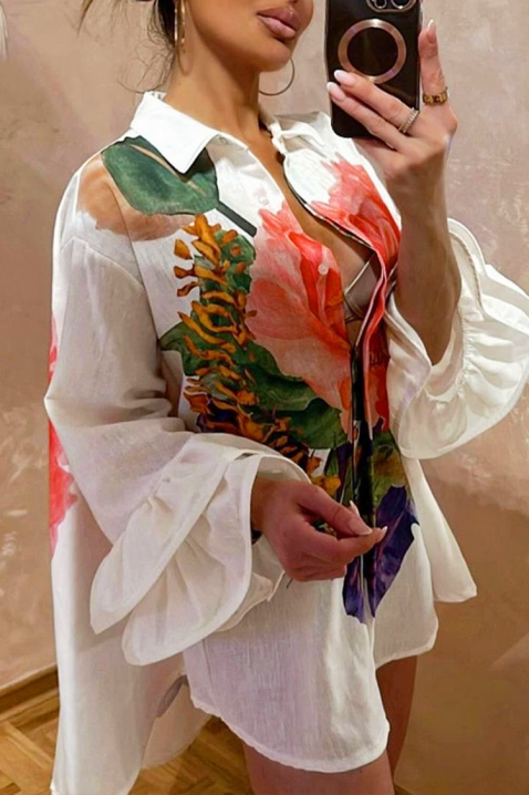 Elegantna asimetrična ženska košulja sa spektakularnim cvjetnim printom EVGENITA, Boja: bijela, IVET.HR - MODERNA ODJEĆA