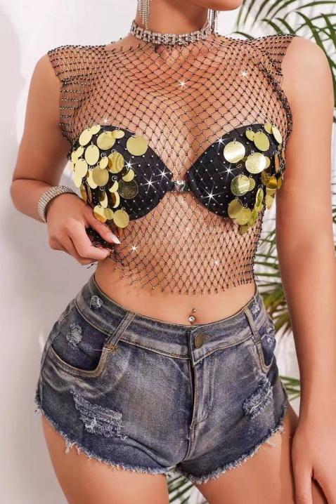 Mrežasti top s metalnim elementima i šljokicama SOLVINA, Boja: crna, IVET.HR - MODERNA ODJEĆA