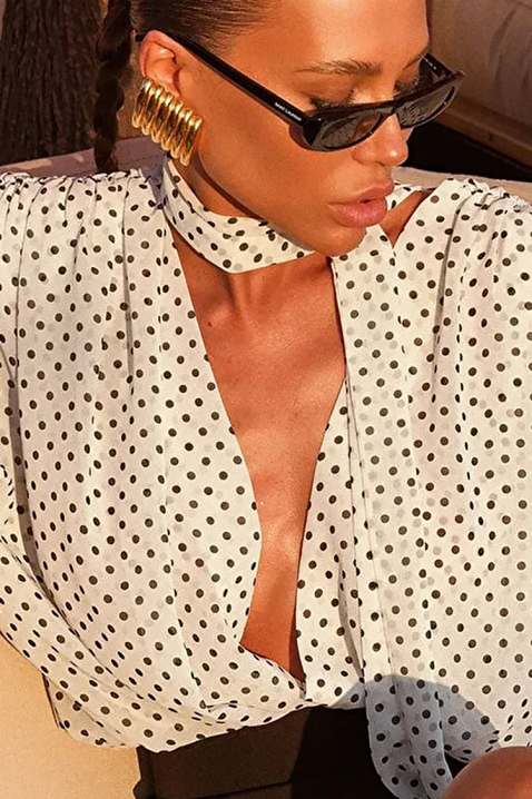 Ženska bijela košulja s čupercima V-izrezom i modernom kravatom VIALINA, Boja: bijela i crna, IVET.HR - MODERNA ODJEĆA