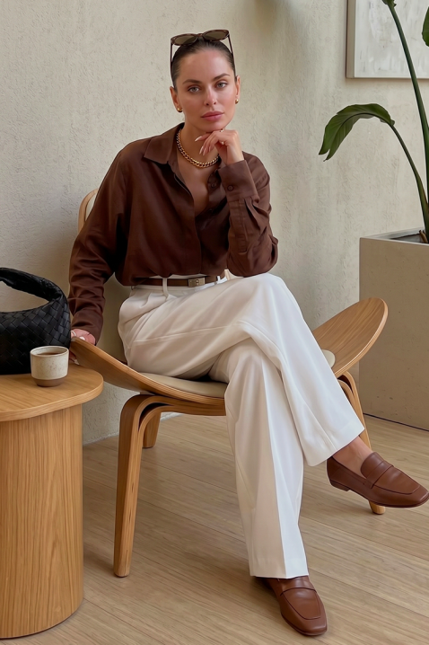 Ženska elegantna satenska košulja s dugim rukavima AYANDA BROWN, Boja: smeđa, IVET.HR - MODERNA ODJEĆA