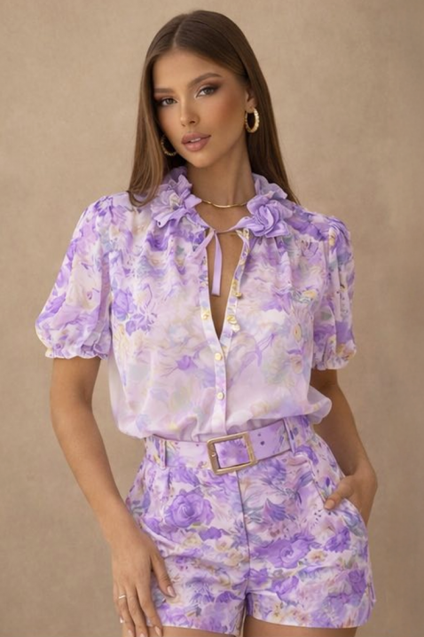 Ženski set od prozračne bluze i kratkih hlača s cvjetnim uzorkom JULIENA LILA, Boja: ljubičasta, IVET.HR - MODERNA ODJEĆA