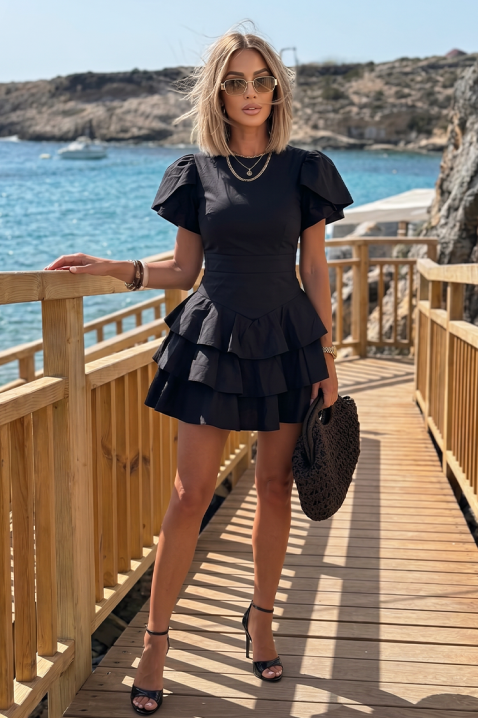 Kratka haljina s definiranim strukom i volanima ZOLVENA BLACK, Boja: crna, IVET.HR - MODERNA ODJEĆA