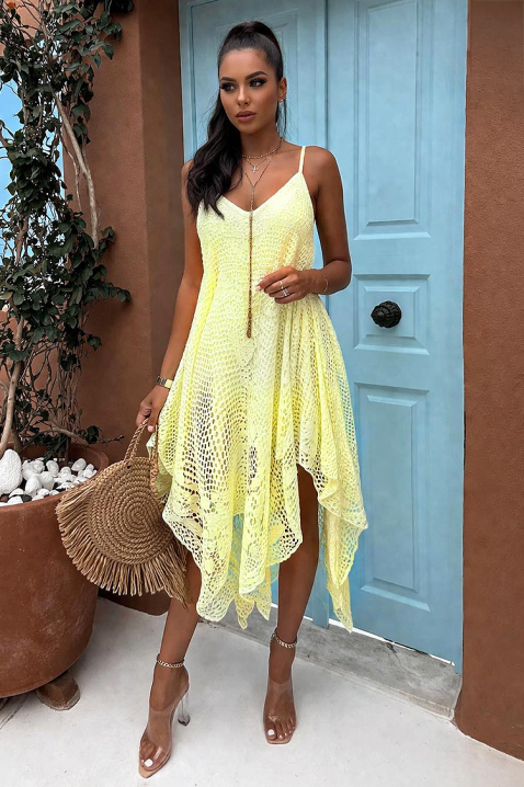 Prozračna asimetrična haljina od fine čipke s tankim naramenicama u boho stilu DOREZIA YELLOW, Boja: žuta, IVET.HR - MODERNA ODJEĆA