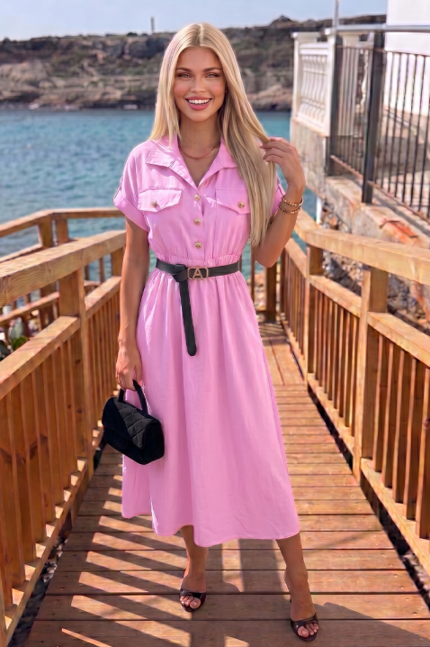 Ljetna midi haljina safari stila s gumbima i remenom SAFARINA PINK, Boja: roza, IVET.HR - MODERNA ODJEĆA