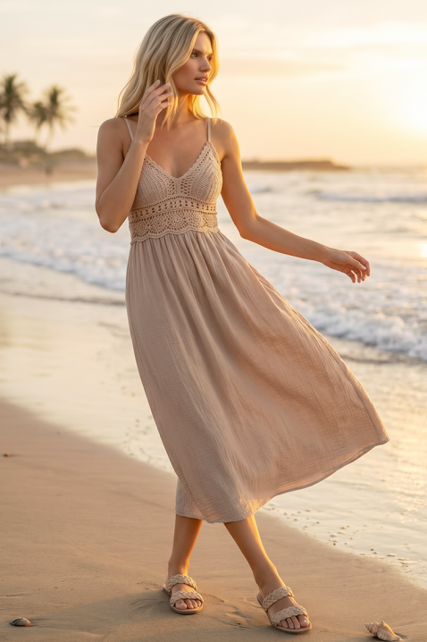 Ljetna midi haljina u boho stilu s pletenim korzetom SOLANIA BEIGE, Boja: bež, IVET.HR - MODERNA ODJEĆA