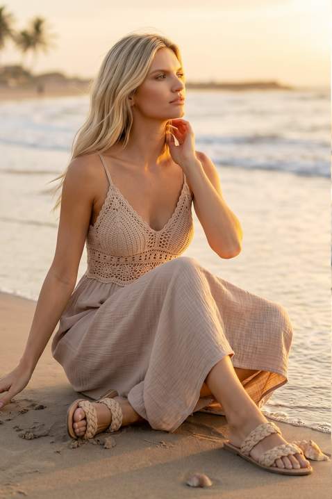 Ljetna midi haljina u boho stilu s pletenim korzetom SOLANIA BEIGE, Boja: bež, IVET.HR - MODERNA ODJEĆA