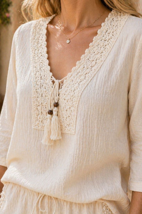 Laneni ženski set hlača i bluze u boho stilu LENIA, Boja: drap, IVET.HR - MODERNA ODJEĆA