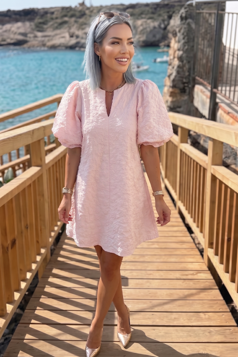 Kratka haljina s puf rukavima i reljefnom teksturom LOVLINA PINK, Boja: roza, IVET.HR - MODERNA ODJEĆA