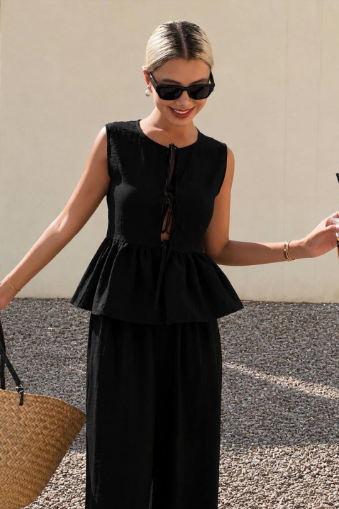 Dnevni ženski set s širokim hlačama i peplum linijom NOVENTA BLACK, Boja: crna, IVET.HR - MODERNA ODJEĆA