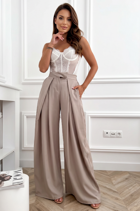 Elegantne ženske hlače visokog struka s širokim nogavicama JOLYNE BEIGE, Boja: bež, IVET.HR - MODERNA ODJEĆA
