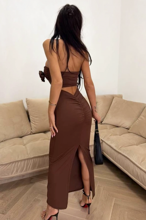 Duga haljina s dekorativnim cvijetom i elegantnim siluetom LUMIVRA BROWN, Boja: smeđa, IVET.HR - MODERNA ODJEĆA