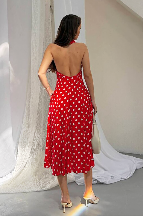 Ženska midi haljina s točkama, otvorenim leđima i elegantnom siluetom NOVENTRA RED, Boja: crvena, IVET.HR - MODERNA ODJEĆA