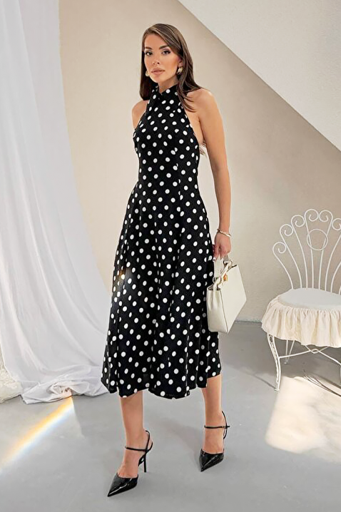 Ženska midi haljina s točkama, otvorenim leđima i elegantnom siluetom NOVENTRA BLACK, Boja: crna, IVET.HR - MODERNA ODJEĆA