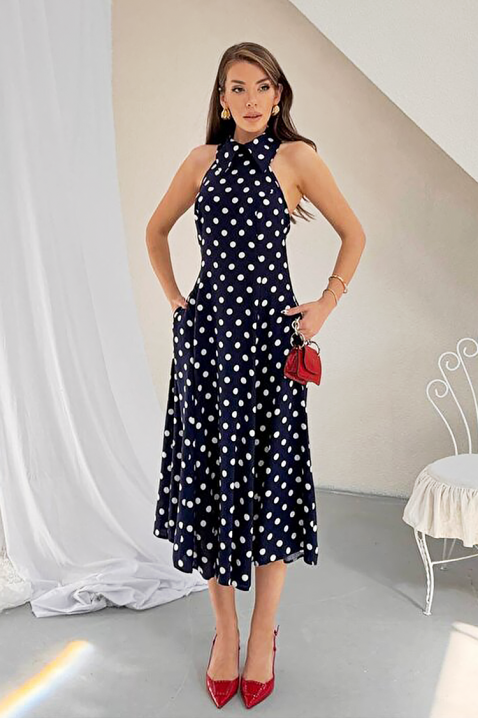 Ženska midi haljina s točkama, otvorenim leđima i elegantnom siluetom NOVENTRA NAVY, Boja: tamnoplava, IVET.HR - MODERNA ODJEĆA