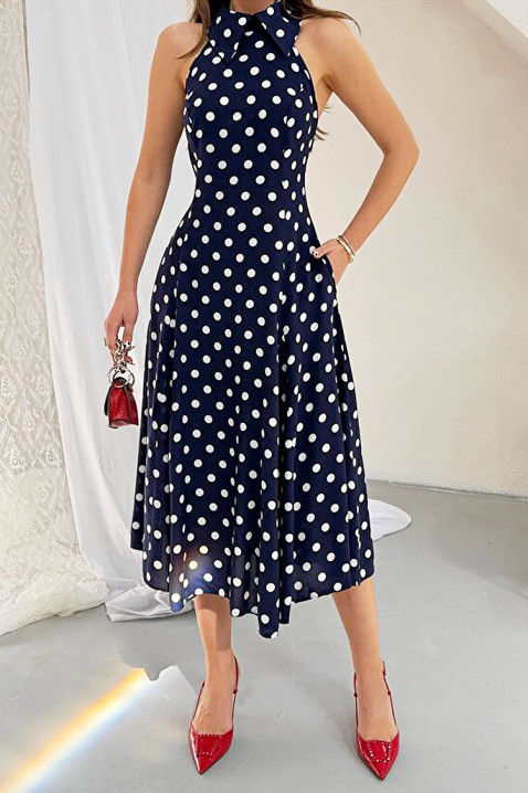Ženska midi haljina s točkama, otvorenim leđima i elegantnom siluetom NOVENTRA NAVY, Boja: tamnoplava, IVET.HR - MODERNA ODJEĆA