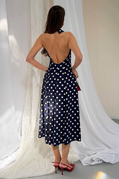 Ženska midi haljina s točkama, otvorenim leđima i elegantnom siluetom NOVENTRA NAVY, Boja: tamnoplava, IVET.HR - MODERNA ODJEĆA