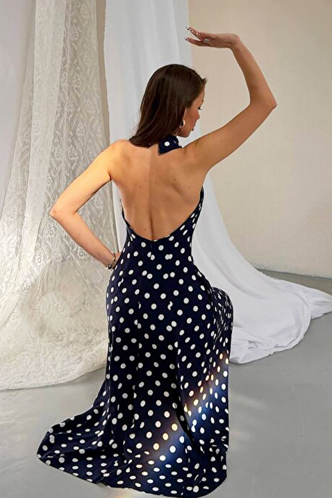 Ženska midi haljina s točkama, otvorenim leđima i elegantnom siluetom NOVENTRA NAVY, Boja: tamnoplava, IVET.HR - MODERNA ODJEĆA