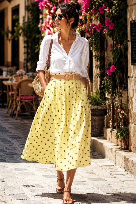 Raširena midi suknja s visokim strukom i printom točkica DANTILA YELLOW, Boja: žuta, IVET.HR - MODERNA ODJEĆA