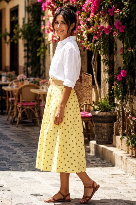 Raširena midi suknja s visokim strukom i printom točkica DANTILA YELLOW, Boja: žuta, IVET.HR - MODERNA ODJEĆA
