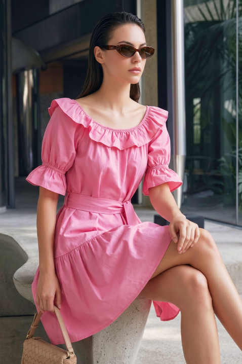 Romantična kratka haljina s volanima i remenom AMARISIA PINK, Boja: roza, IVET.HR - MODERNA ODJEĆA