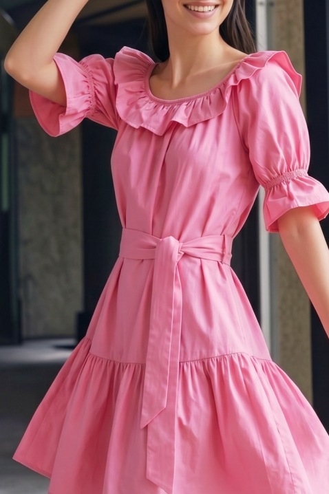 Romantična kratka haljina s volanima i remenom AMARISIA PINK, Boja: roza, IVET.HR - MODERNA ODJEĆA