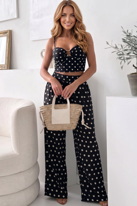 Elegantni ženski set s točkicama, kratkim topom i širokim hlačama CREMITA BLACK, Boja: crna, IVET.HR - MODERNA ODJEĆA