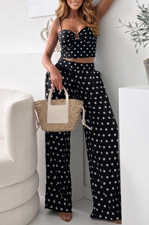 Elegantni ženski set s točkicama, kratkim topom i širokim hlačama CREMITA BLACK, Boja: crna, IVET.HR - MODERNA ODJEĆA