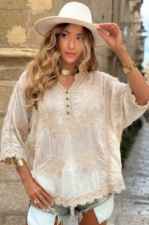 Prozračna ženska bluza s vezom u boho stilu KALYTA BEIGE, Boja: bež, IVET.HR - MODERNA ODJEĆA