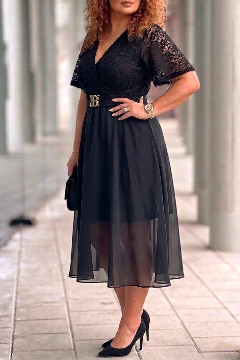 Elegantna midi haljina s čipkom i ukrasnim remenom ZEZITA BLACK, Boja: crna, IVET.HR - MODERNA ODJEĆA