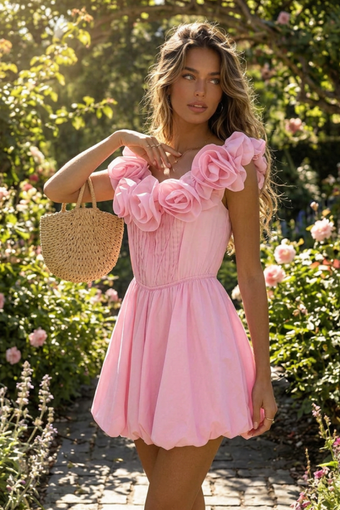 Šik kratka balon haljina s ukrasnim cvijećem ROZINA PINK, Boja: roza, IVET.HR - MODERNA ODJEĆA