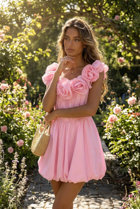 Šik kratka balon haljina s ukrasnim cvijećem ROZINA PINK, Boja: roza, IVET.HR - MODERNA ODJEĆA