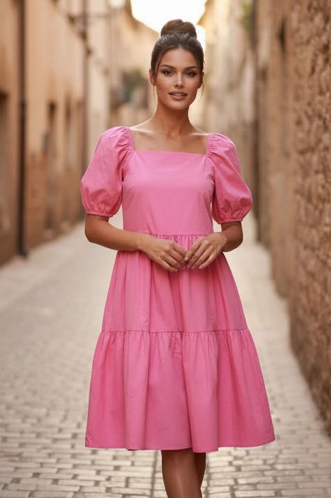 Midi haljina s kvadratnim izrezom i voluminoznim rukavima SELENASA PINK, Boja: roza, IVET.HR - MODERNA ODJEĆA