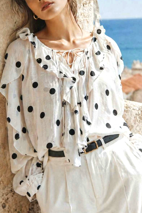 Elegantna ženska bluza s točkicama i volanima DAMELSIA WHITE, Boja: bijela, IVET.HR - MODERNA ODJEĆA