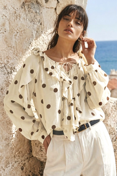 Elegantna ženska bluza s točkicama i volanima DAMELSIA BEIGE, Boja: bež, IVET.HR - MODERNA ODJEĆA
