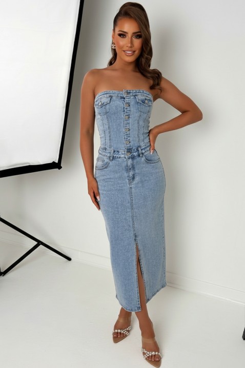 Elegantna traper midi haljina s bisernim detaljima i golim ramenima KAITHLYN, Boja: denim, IVET.HR - MODERNA ODJEĆA