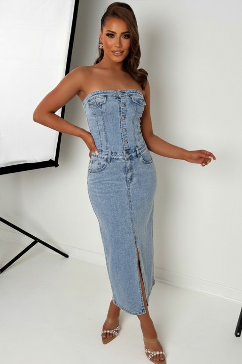 Elegantna traper midi haljina s bisernim detaljima i golim ramenima KAITHLYN, Boja: denim, IVET.HR - MODERNA ODJEĆA