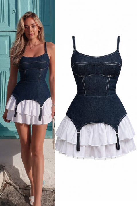 Kratka traper haljina s efektom korzeta, višeslojnom suknjom i detaljima podvezice ARIETA, Boja: denim, IVET.HR - MODERNA ODJEĆA