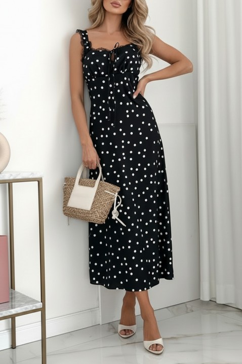 Elegantna točkasta midi haljina s čipkastim naramenicama DELINSA BLACK, Boja: crna, IVET.HR - MODERNA ODJEĆA